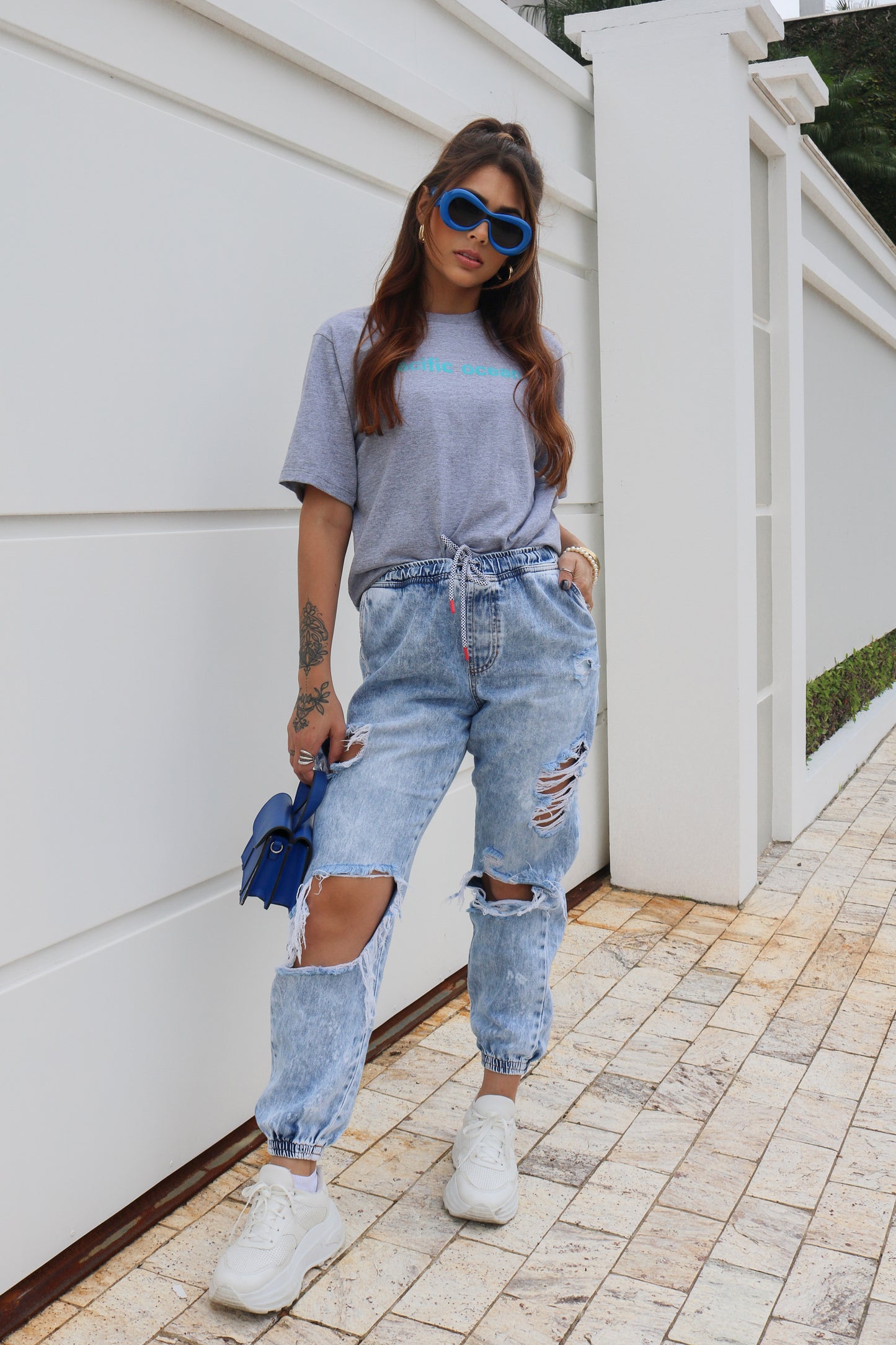 T-shirt 100% Algodão Estampa Pacific Ocean Tiffany Cinza Mescla