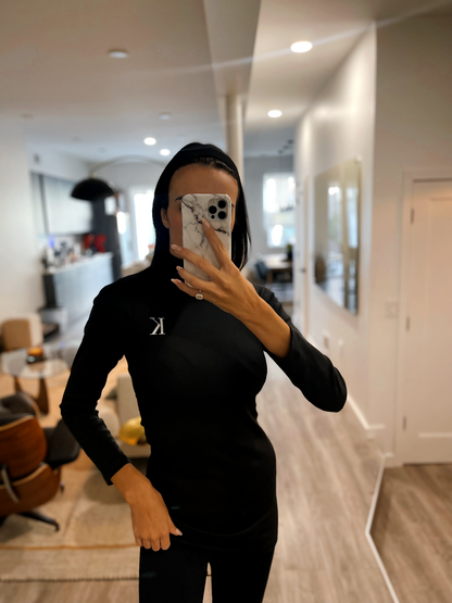Blusa Feminina Ribana Gola Alta Manga Longa Fe Tendência Preta Logo K