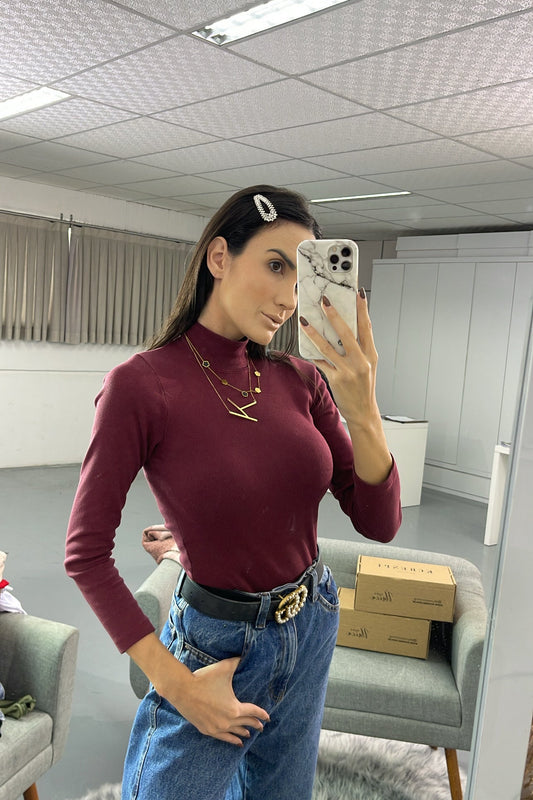Blusa Feminina Ribana Gola Alta Manga Longa Fe Tendência Cereja