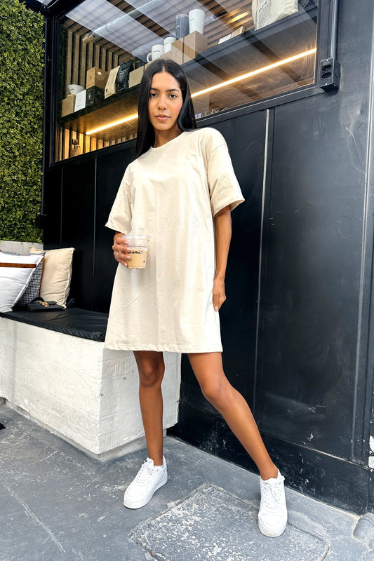Vestido T-shirt Feminino 100% Algodão Bege Mel
