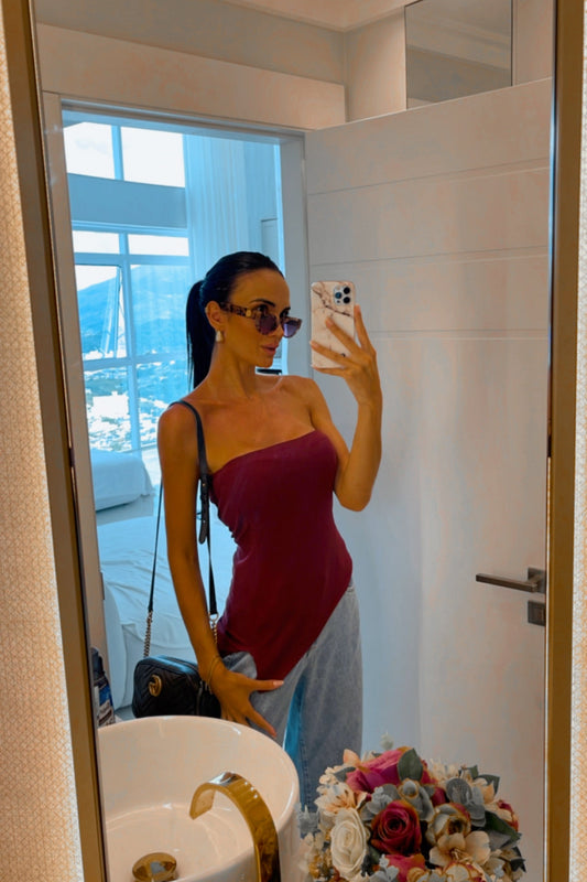 Blusa Feminina Tomara que Caia Assimétrica Ribana Cereja