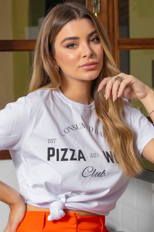 T-shirt Feminina 100% Algodão Estampa Pizza Branca