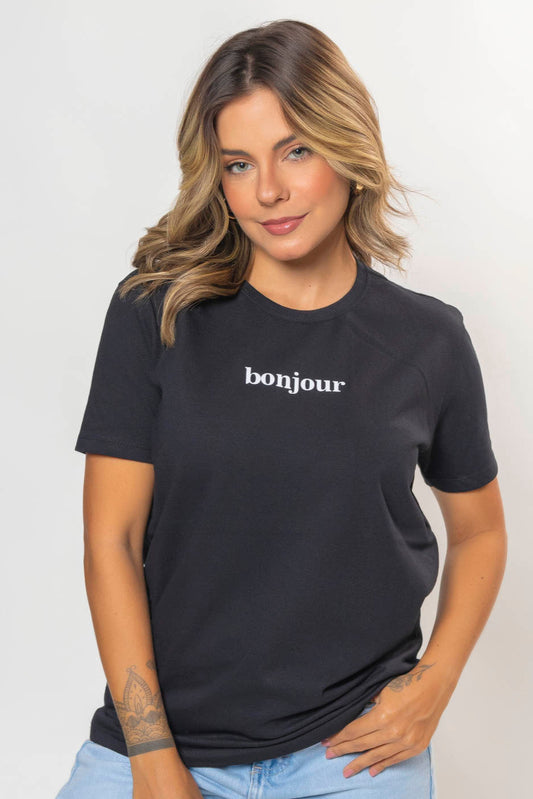 T-shirt Feminina 100% Algodão Bonjour Preto