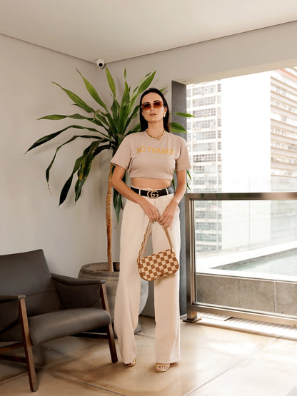 T-shirt Feminina 100% Algodão Estampa No Thanks Bege