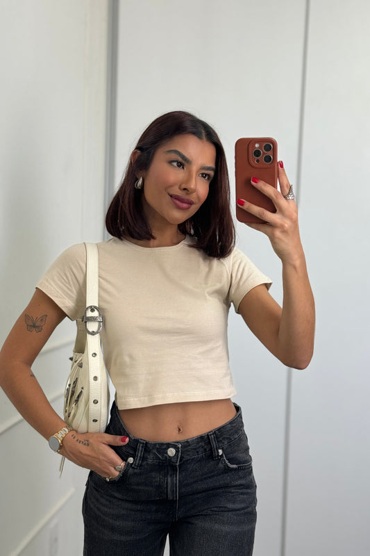 T-shirt Feminina 100% Algodão Baby Lisa Tendência Bege