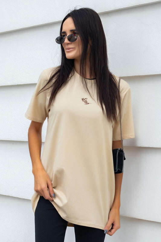 T-shirt Feminina 100% Algodão Coffee Therapy Bege Estampada Frente e Costas