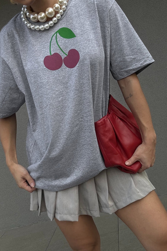 T-shirt feminina 100% Algodão Cereja Cinza