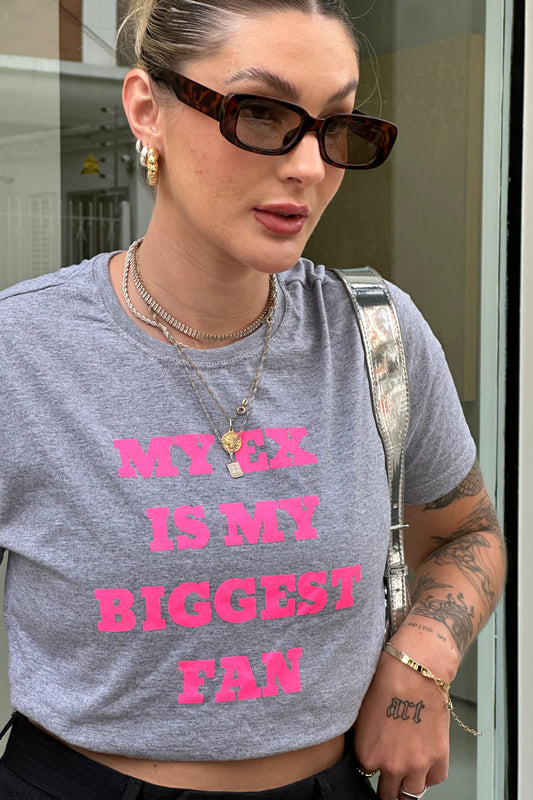 T-shirt Feminina 100% Algodão Estampa My Ex Is My Biggest Fan Cinza