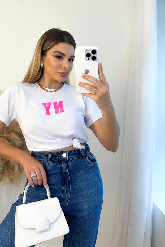 T-shirt Feminina 100% Algodão Estampa Ny Branca