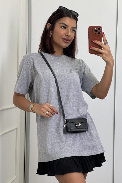 T-shirt Feminina Lisa 100% Algodão Oversized Cinza Mescla