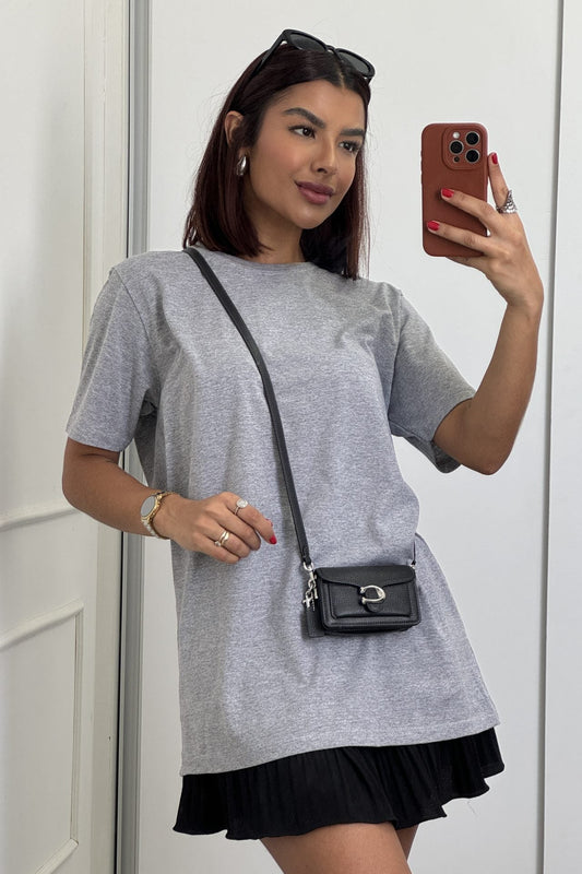 T-shirt Feminina Lisa 100% Algodão Oversized Cinza Mescla