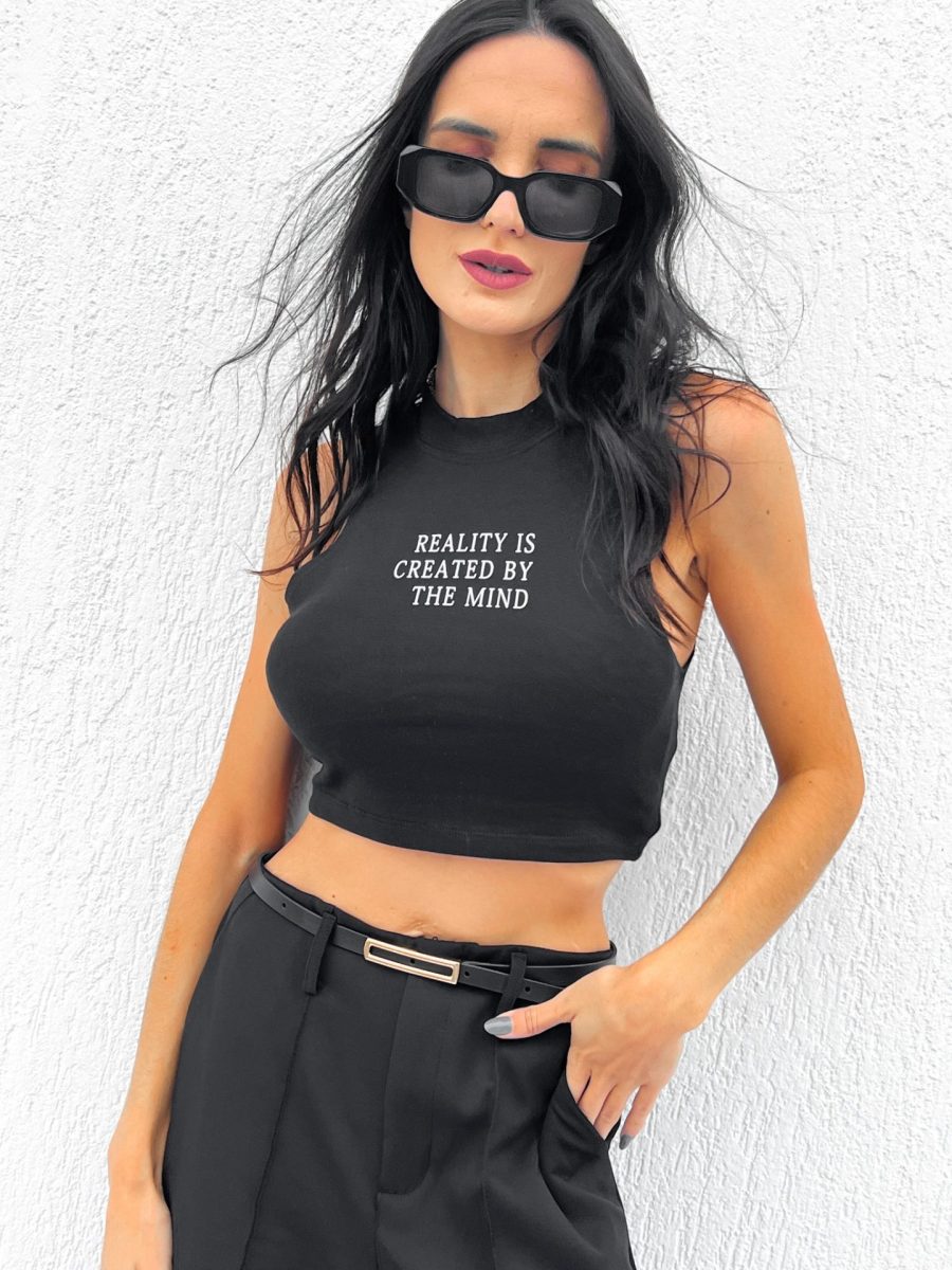 Cropped Feminino Nadador Reality Is Created By The Mind Preto