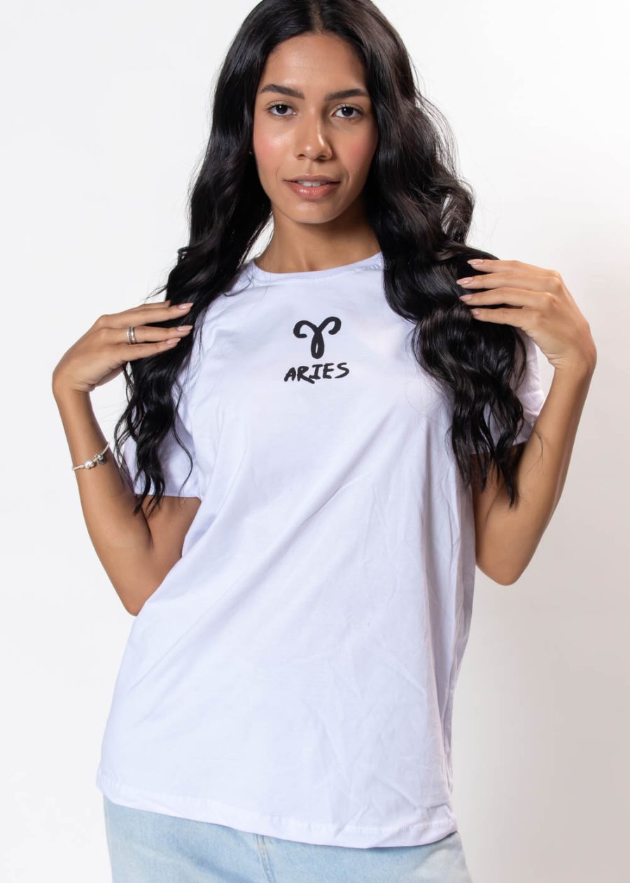 T-shirt Feminina 100% Algodão Signo Áries Branca