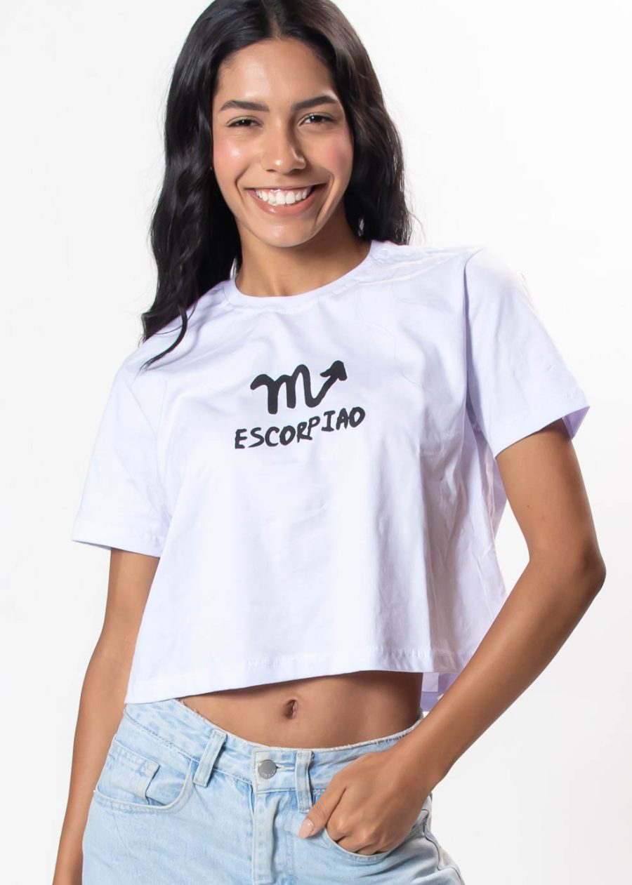 Cropped Feminino 100% Algodão Estampa Signo Escorpião Branco